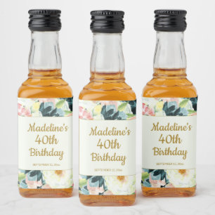 Vintage Pink Teal Floral 40th or Any Birthday   Liquor Bottle Label