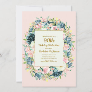 Vintage Pink Teal Floral Women's 90th Birthday Invitation