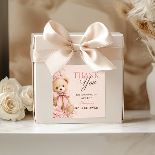 Vintage Pink Teddy Bear Baby Shower Thank You Square Sticker