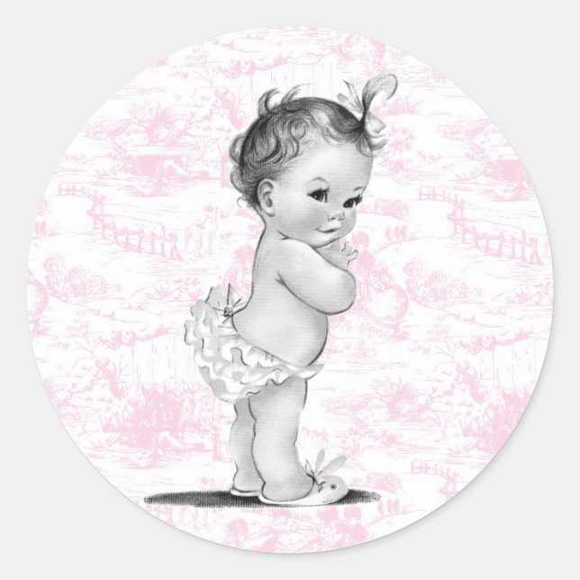 Vintage Pink Toile Baby Shower Stickers (Front)