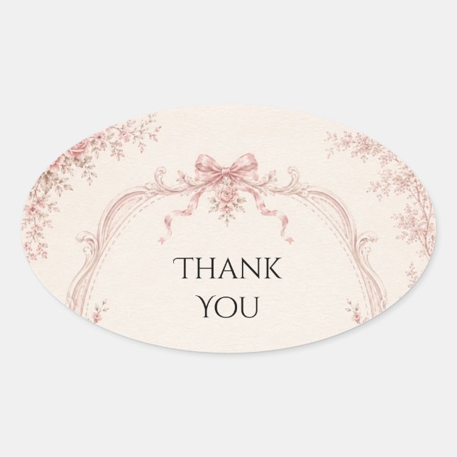 Vintage Pink Toile Bow Wedding Thank You Sticker (Front)