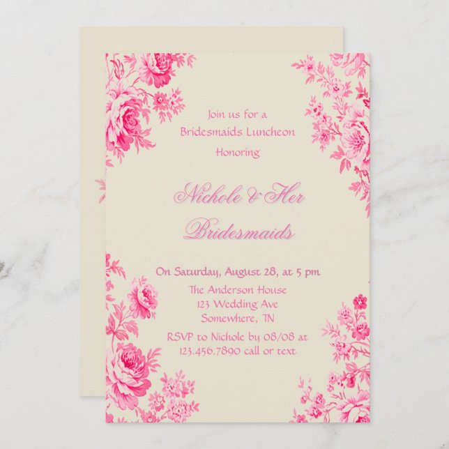 Vintage Pink Toile Flower Bridesmaids Luncheon Invitation (Front/Back)