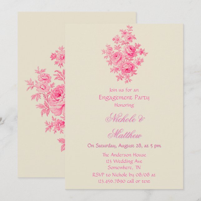 Vintage Pink Toile Flower Engagement Party Invitation (Front/Back)