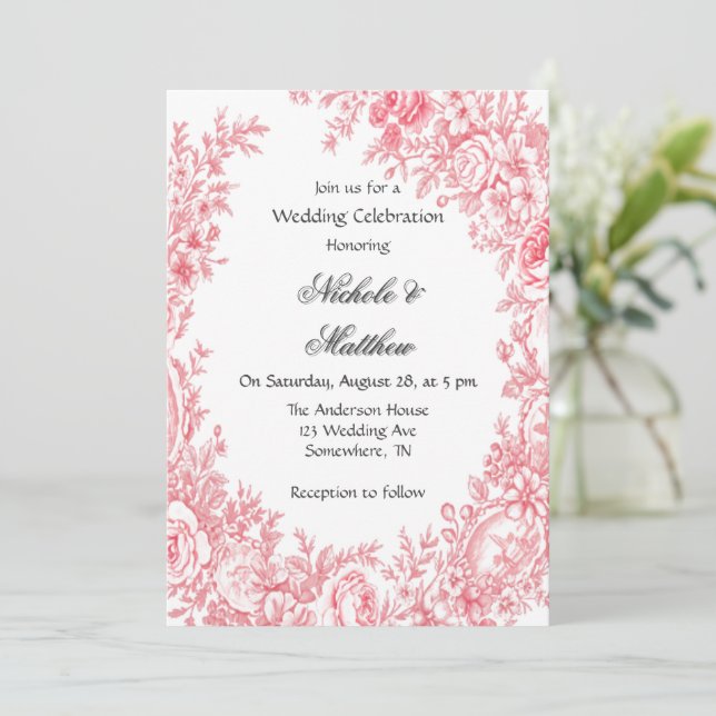 Vintage Pink Toile Flower Wedding Celebration  Invitation (Standing Front)