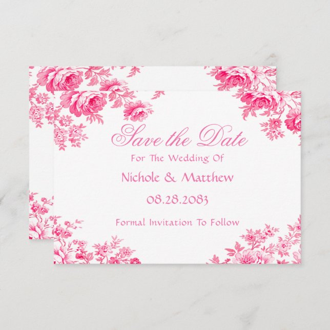 Vintage Pink Toile Flower Wedding Save The Date (Front/Back)