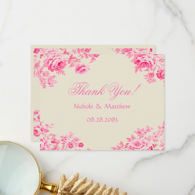 Vintage Pink Toile Flower Wedding Thank You Card (Front/Back In Situ)
