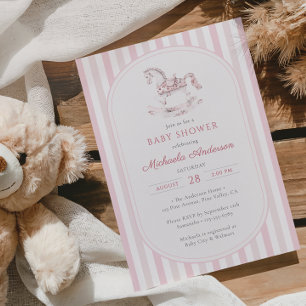 Vintage Pink Toile Rocking Horse Girl Baby Shower Invitation