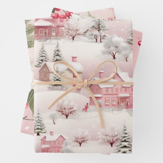 Vintage Pink Tree Pattern Wrapping Paper Sheet (In situ)