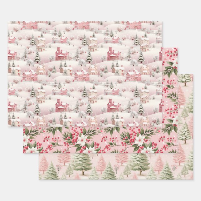 Vintage Pink Tree Pattern Wrapping Paper Sheet (Set)