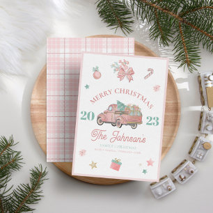 Vintage Pink Truck Modern Trendy Christmas Holiday Card