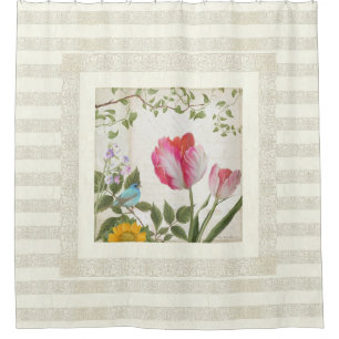 Vintage Pink Tulip Striped Botanical Flower Garden Shower Curtain