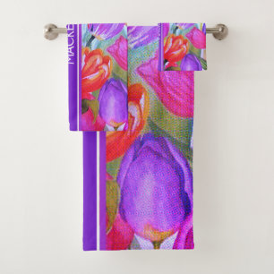 Vintage Pink Tulip Watercolor Floral Bath Towel Set