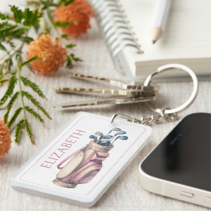 Vintage Pink Watercolor Golf Clubs Personalized Key Ring