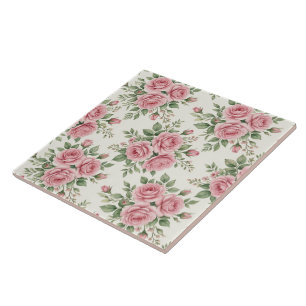 Vintage Pink Watercolor Roses Floral Seamless Ceramic Tile