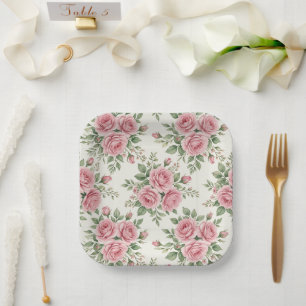 Vintage Pink Watercolor Roses Floral Seamless Paper Plate