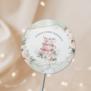 Vintage Pink Watercolor Tea Party 1st Birthday Classic Round Sticker