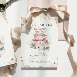 Vintage Pink Watercolor Tea Party 1st Birthday Invitation