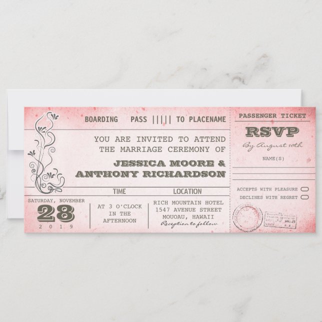 vintage pink wedding boarding pass invitations (Front)