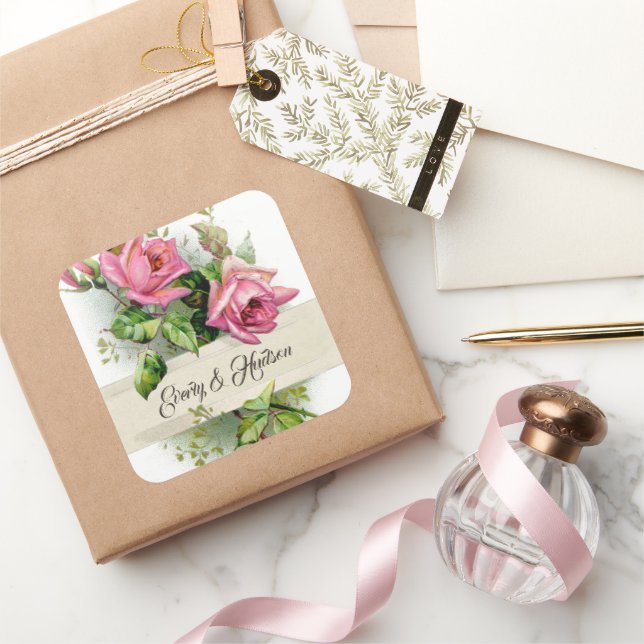 Vintage Pink Wedding Roses Square Sticker (Gifting)