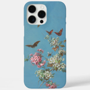Vintage pink white blossom butterfly bee on blue iPhone 16 pro max case