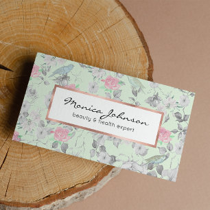 Vintage Pink White Mint Bird Floral Collage Business Card