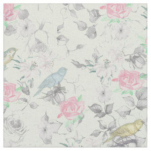 Vintage Pink White Mint Bird Floral Collage Fabric