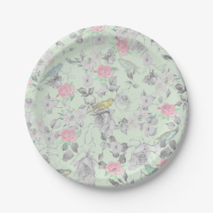 Vintage Pink White Mint Bird Floral Collage Paper Plate