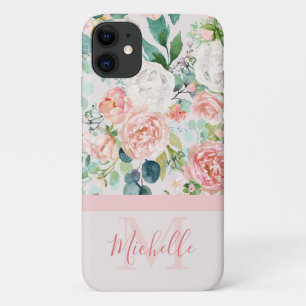 Vintage Pink White Rose Monogram and Name iPhone 11 Case