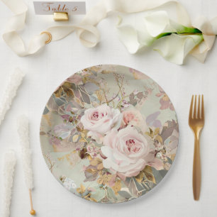 Vintage Pink/ White Roses Paper Plate