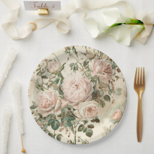 Vintage Pink/ White Roses Paper Plate