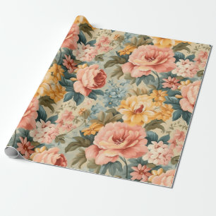 Vintage Pink Yellow Blue Floral Wrapping Paper
