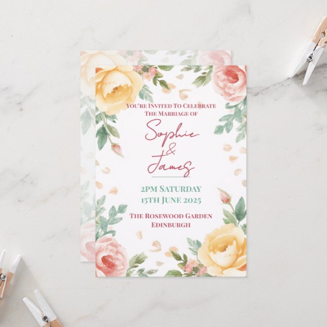 Vintage Pink Yellow Garden Rose Wedding Invitation (Front/Back In Situ)