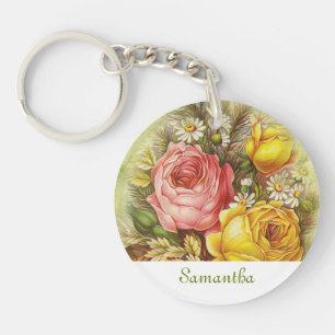 Vintage Pink & Yellow Roses Add Your Name Key Ring