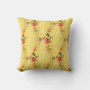 Vintage Pinkish-Red Flowers on Golden Background Cushion
