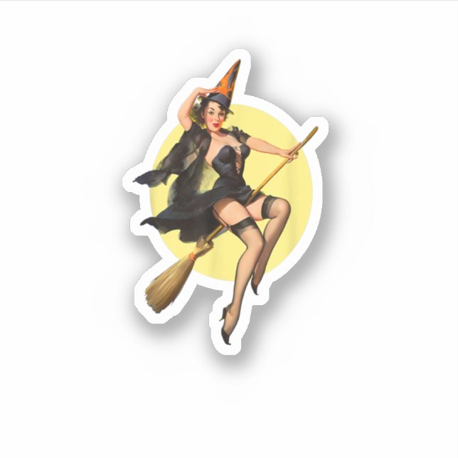 Vintage Pinup Witch On Witches Broom Halloween Pin (Front)