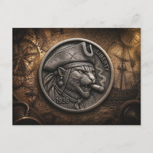 Vintage Pirate Cat Hobo Nickel Coin Postcard