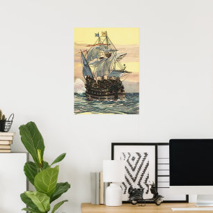 Vintage Pirate Ship, Galleon Sailing on the Ocean Poster
