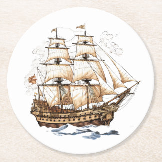 Vintage Pirate Ship Round Paper Coaster