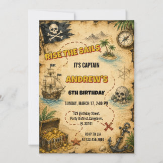 Vintage Pirate Treasure Map Boy Birthday Invitation