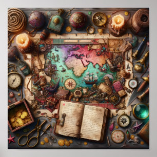Vintage Pirate Treasure Map Explorer Poster Print