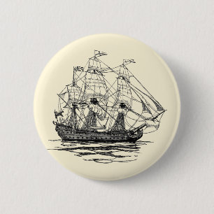 Vintage Pirates Galleon, Sketch of a 74 Gun Ship 6 Cm Round Badge