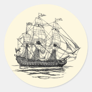 Vintage Pirates Galleon, Sketch of a 74 Gun Ship Classic Round Sticker