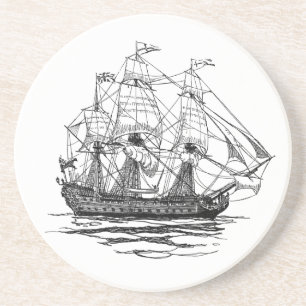 Vintage Pirates Galleon, Sketch of a 74 Gun Ship Coaster