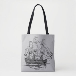 Vintage Pirates Galleon, Sketch of a 74 Gun Ship Tote Bag