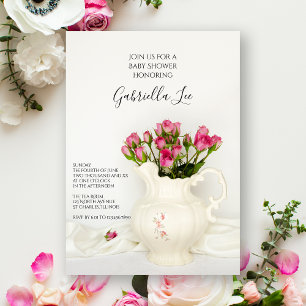 Vintage Pitcher and Pink Roses Baby Shower Invitation