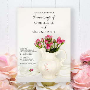 Vintage Pitcher with Pink Roses Wedding Invitation