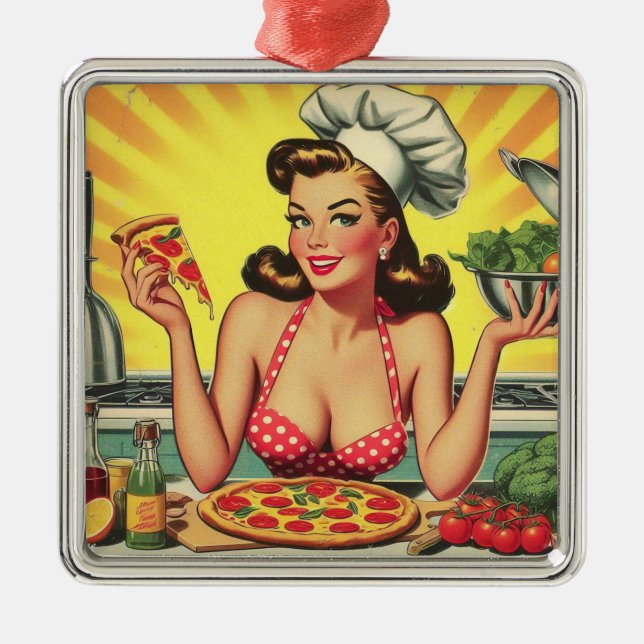 Vintage Pizza Girl Metal Ornament (Front)