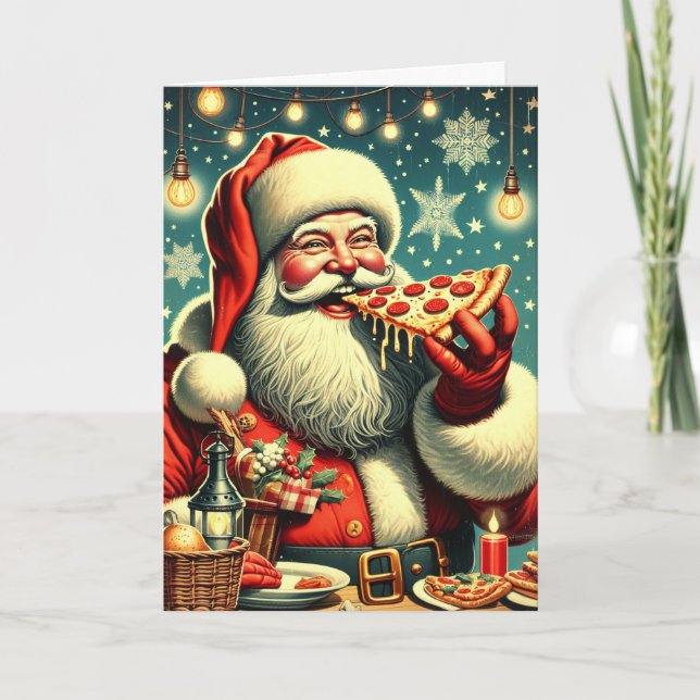 Vintage Pizza Santa Claus Holiday Card (Front)