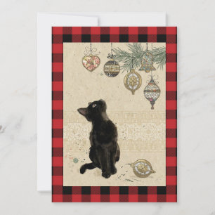 Vintage Plaid Black Cat Looking At Ornaments Holiday Card