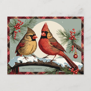 Vintage Plaid Christmas Cardinal Birds Red Holiday Postcard
